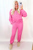 Bright Pink Raw Edge Half Buttons Pullover and Jogger Pants Set