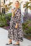 Black Plus Size Floral Printed Puff Sleeve Collared Maxi Dress