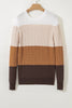 Khaki Colorblock Cable Knit Round Neck Sweater