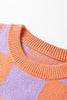 Grapefruit Orange Checkered Pattern Ribbed Trim Knit Baggy Sweater