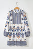 Sky Blue Plus Size Boho Print Split Neck Long Sleeve Mini Dress