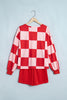 Red Checkerboard Plaid Long Sleeve Solid Color Shorts 2pcs Set