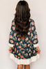 Blue Floral Print Striped Trim V Neck Long Sleeve Ruffle Hem Shift Mini Dress