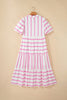Pink Stripe Ricrac Trim Notched Neck Half Sleeve Vacation Dress