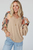 Parchment Contrast Printed Raglan Sleeves Patchwork V Neck Loose Top