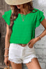 Dark Green Textured Ruffled Sleeve Round Neck Top