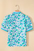 Green Floral Print Striped Trim Split V Neck Puff Short Sleeve Blouse