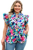 Blue Floral Flutter Sleeve Tied Notched Neck Plus Size Blouse