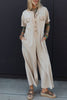 Beige Half Placket Chest Pockets Short Sleeve Wide Leg Jumpsuit