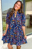 Blue Wild Daisy Floral Split Neck Short Puff Sleeve Mini Dress