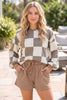 Red Checkerboard Plaid Long Sleeve Solid Color Shorts 2pcs Set
