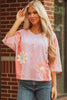 Pink Flower Patched Exposed Seam Bracelet Sleeve Oversized T Shirt