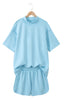 Light Pink Solid Color Exposed Seam Mock Neck Oversize Tee Casual Shorts 2pcs Outfit