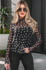 Black Polka Dot Patterned Bodycon Mock Neck Mesh Long Sleeve Top