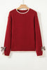 Racing Red Leopard Bow Decor Split Cuff Contrast Trim Sweater