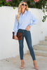 Gray Pinstripe Long Sleeve Smocked Cuffs Button Shirt Collar Blouse