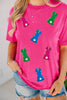 Rose Red Easter Rabbit Chenille Patched Pattern Crew Neck Tee