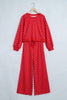 Brown Polka Dot Drawstring Wide Leg Long Sleeve Top Pant Set