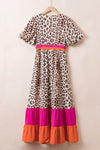 Bright Pink Leopard Colorblock Patchwork Bubble Sleeve Maxi Dress