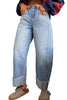 Sail Blue Raw Hem Turnup Loose Ankle-length Jeans