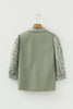 Grass Green Floral Puff Sleeve Contrast V Neck Patchwork Blouse