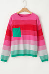 Rose Striped Knit Patch Pocket Drop Shoulder Sweater