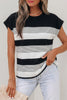 Black Stripe Mixed Print Crew Neck Cap Sleeve T Shirt