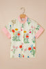 Beige Floral Striped Patchwork Ruffled Collar Short Sleeve Shirt