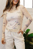 Beige High Neck Western Print Mesh Sheer Long Sleeve Top