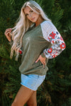 Laurel Green Floral Patchwork Long Sleeve Ribbed Blouse