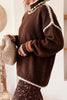 Coffee Contrast Trim Mock Neck Drop Shoulder Relaxed Sweater