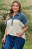 Light Grey Half Buttons Collared Denim Patchwork Plus Short Sleeve Top
