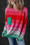 Rose Striped Knit Patch Pocket Drop Shoulder Sweater