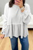 White Solid Color Textured Drop Shoulder Long Sleeve Peplum Top
