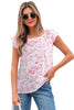 Pink Floral Ruffled Short Sleeve Bow Back Square Neck Blouse