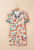 Orange Contrast Trim Floral Split Neck Puff Short Sleeve Tiered Mini Dress