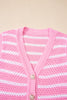 Pink Stripe V Neck Gold Buttons Elegant Sweater Vest