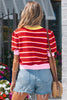 Red Stripe Colorblock Trim Half Sleeve Sweater Top
