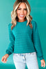 Sea Green Trendy Pattern Knit Ribbed Cuffs Crew Neck Sweater