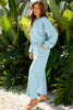 Flamingo Drop Shoulder Puff Sleeve Crop Pullover Drawstring Wide Leg Pants Set