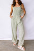 Green Smocked Bodice Square Neck Sleeveless Floral Jumpsuit