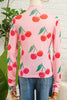 Pink Cherry Print Lettuce Trim Long Sleeve Mesh Top
