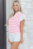 Pink Stripe Collar V Neck Ruffled Short Sleeve Blouse