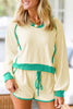 White Contrast Trim Colorblock Long Sleeve Pullover and Drawstring Shorts 2pcs Outfit