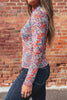 Smoke Gray Floral Print Slim Fit Mesh Long Sleeve Mock Neck Top