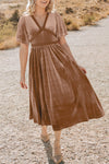 Chestnut Velvet Lacy V Neckline Short Sleeve Empire Waist Flowy Maxi Dress