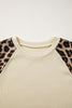 Apricot Ribbed Color Block Leopard Contrast Sleeve Loose Tee