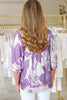Purple Leafy Print 3/4 Sleeve Striped Trim Split Neck Blouse