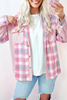 Pink Brushed Plaid Corduroy Flap Pockets Patchwork Shacket