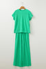 Bright Green Solid Corded Knit Short Sleeve T Shirt and Wide Leg Pants Set